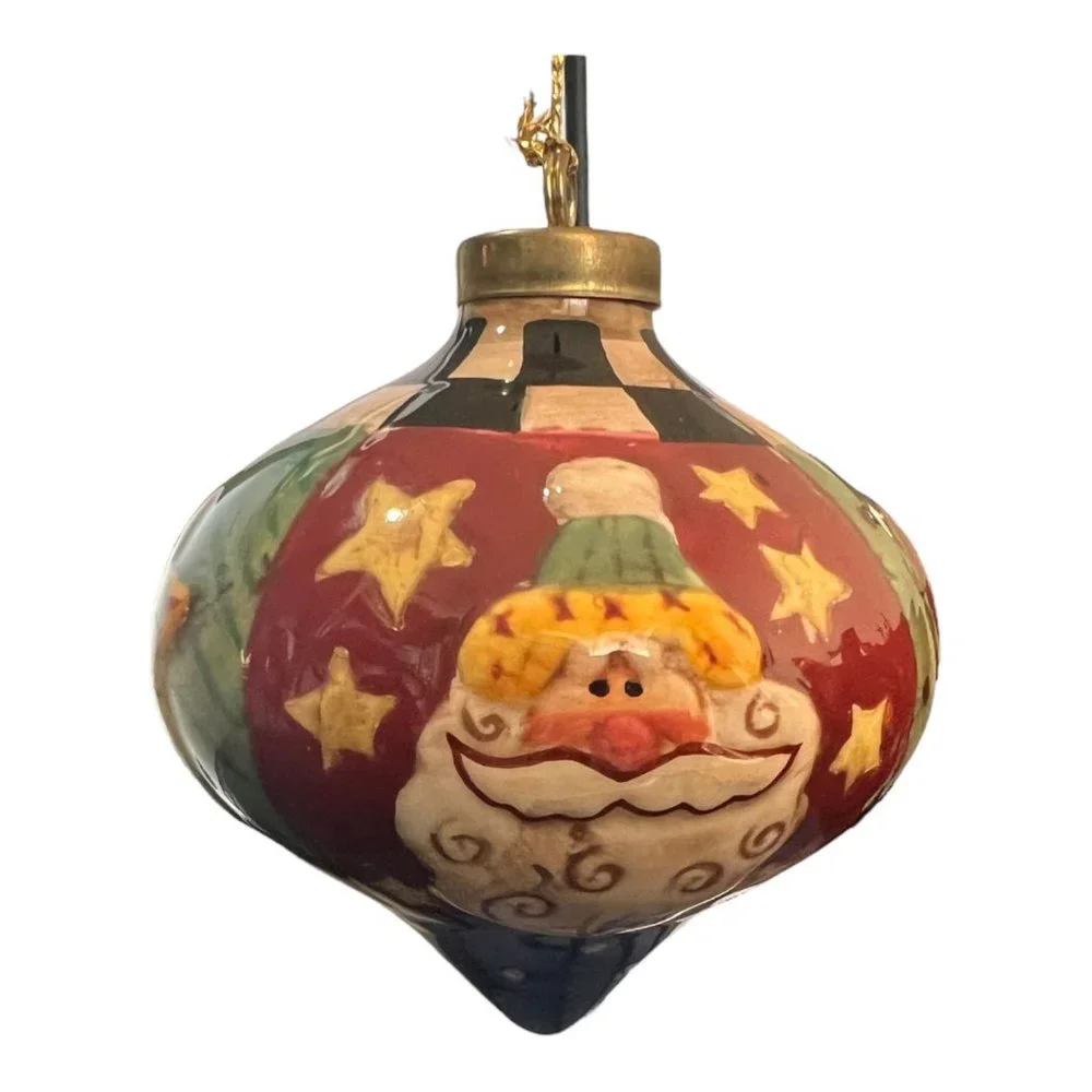 Santa Clouse Ornament Teardrop Ceramic, Porcelain Star Patchwork Rustic Country - Picture 4 of 7